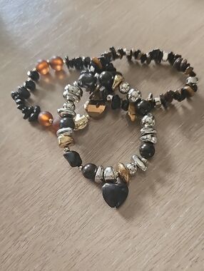 Handcrafted Black and Gold Beaded Heart Bracelet Set